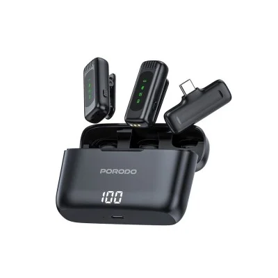 Porodo Lavalier Double Microphone With Charging Case - Black